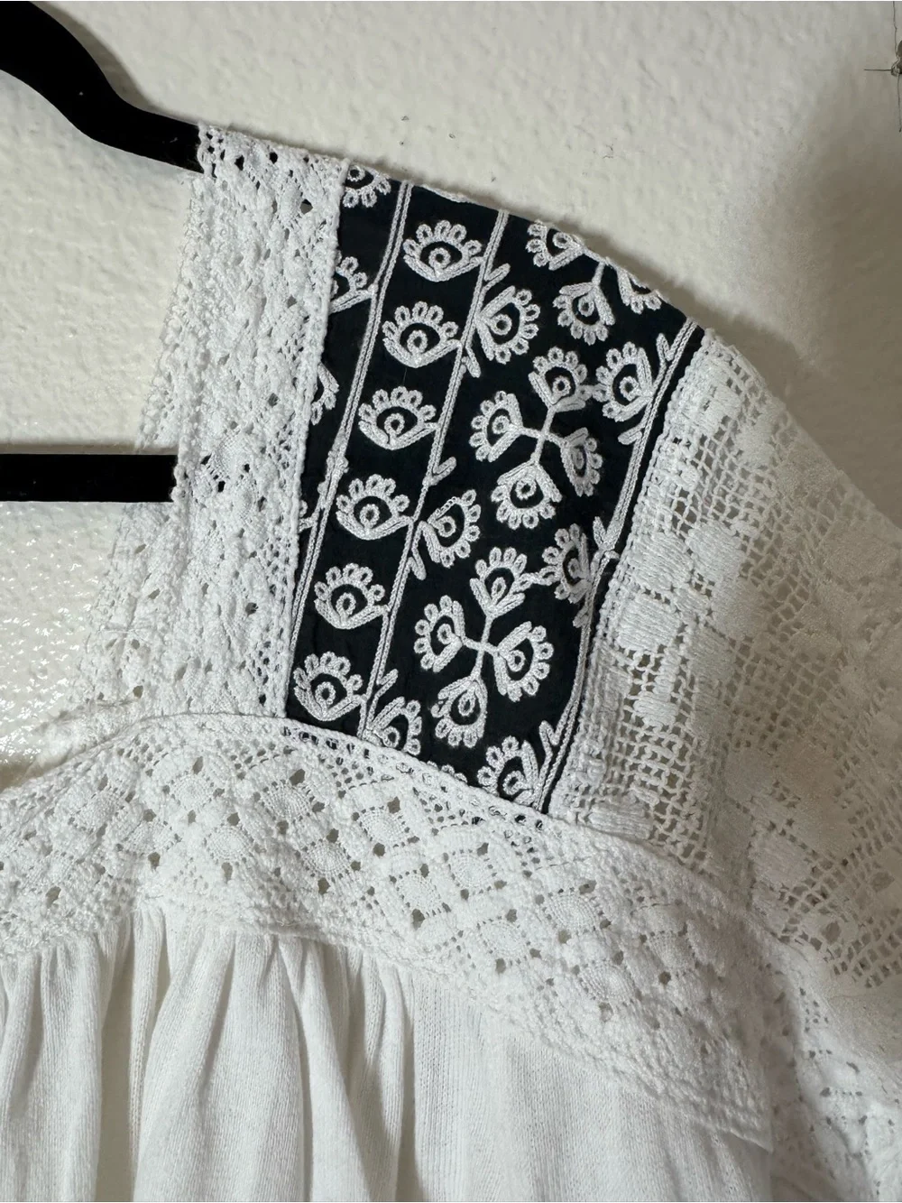 Free People White top with Black Embroidered Shoulders